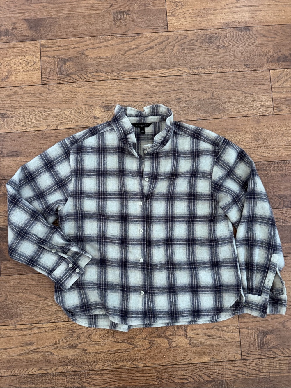 Banana Republic Plaid Wool Top Womens SmallLong Sleeve Ruffle Mock Neck